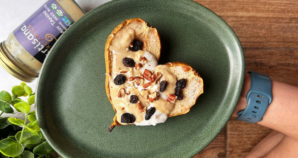 Baked pear with tahini and raisins