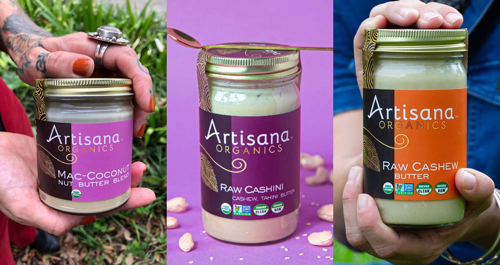 Three jars of of Artisana Organics nut butters. 
