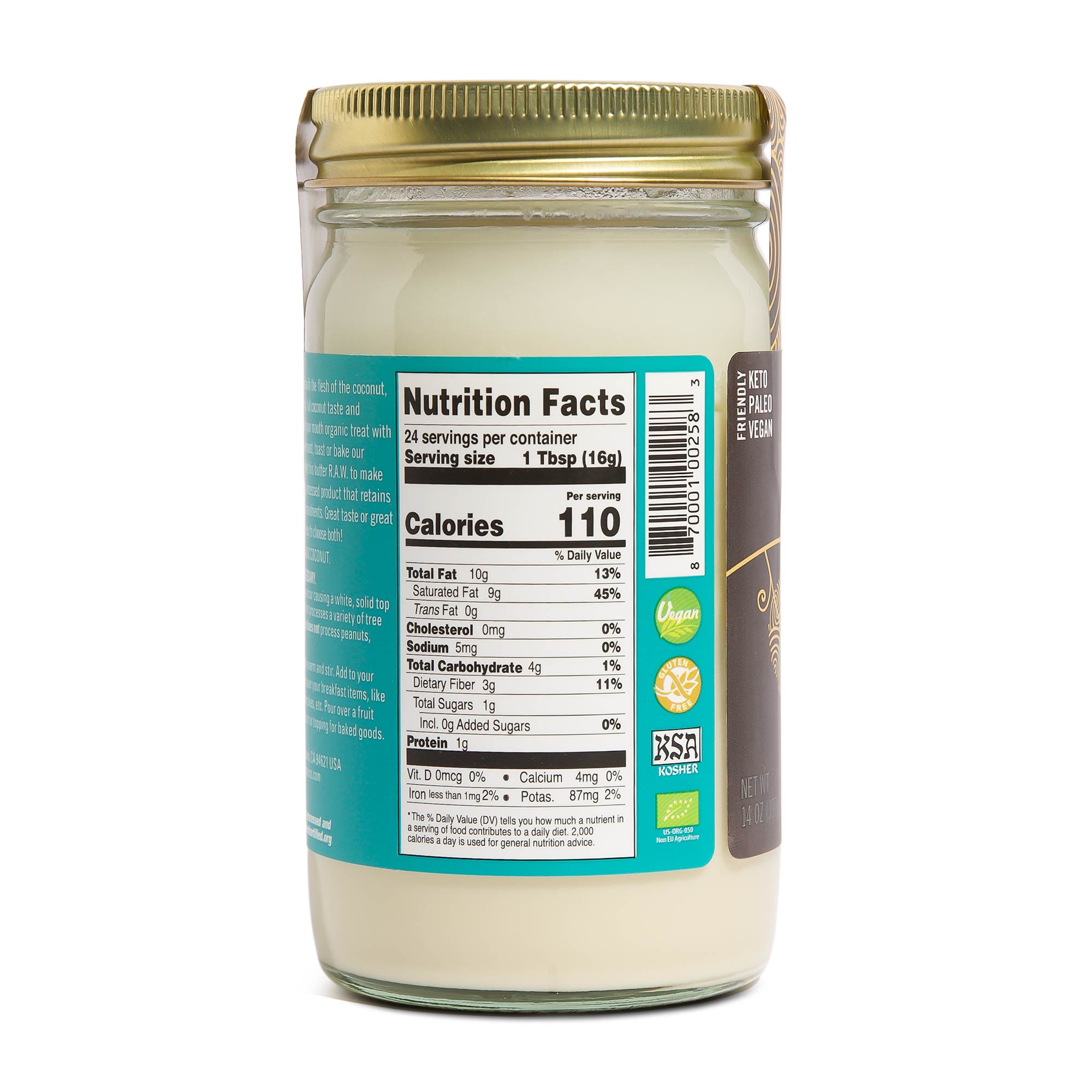 Back side of jar with Nutrition Facts label. 110 calories per serving (one tablespoon).