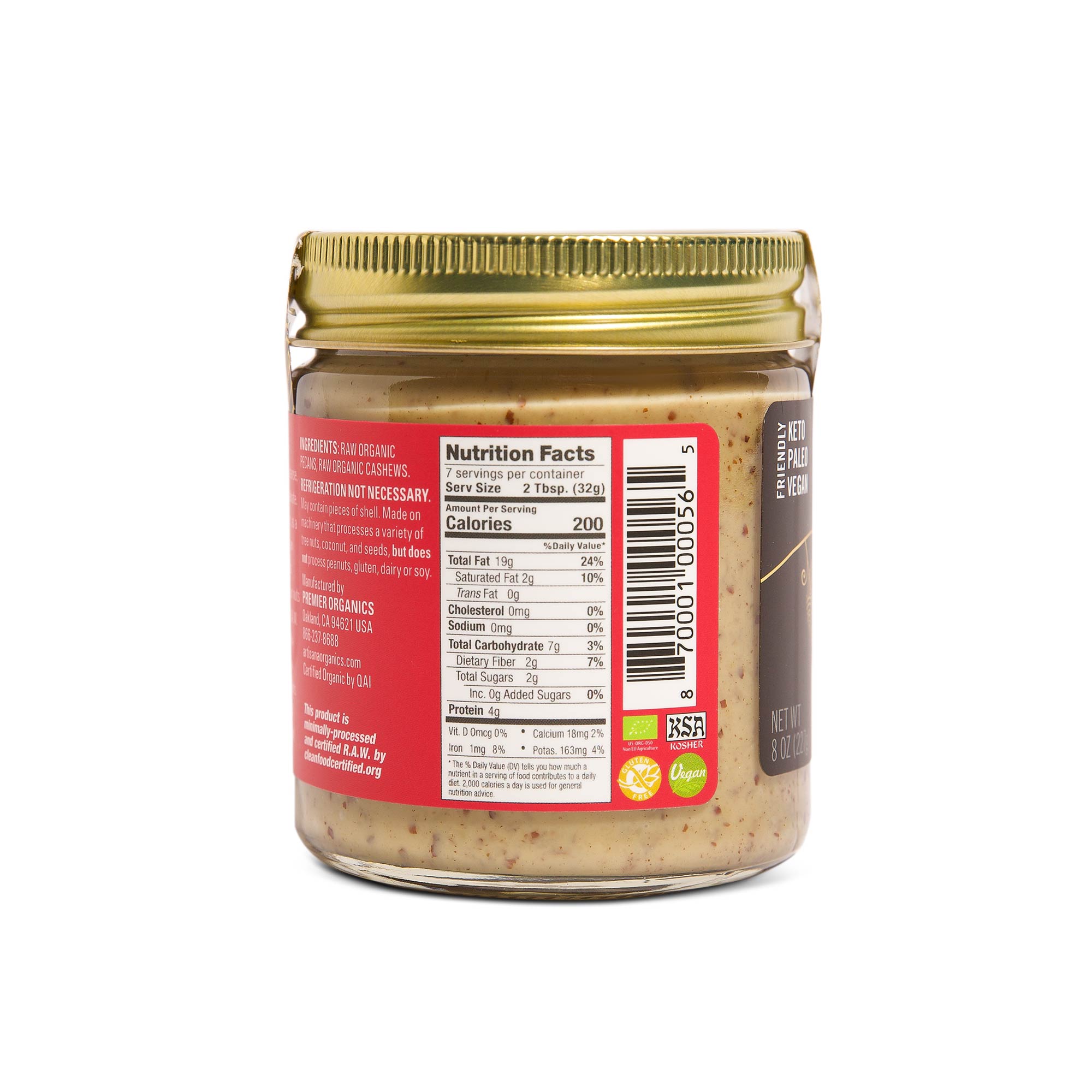 Artisana Raw Pecan Butter with Cashew Nutrition Facts 8oz jar