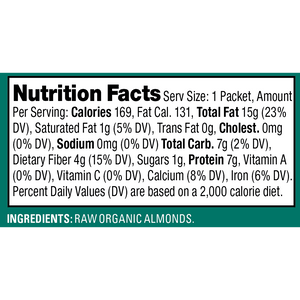 Nutrition facts panel for the Artisana Organic Almond Butter Pouch
