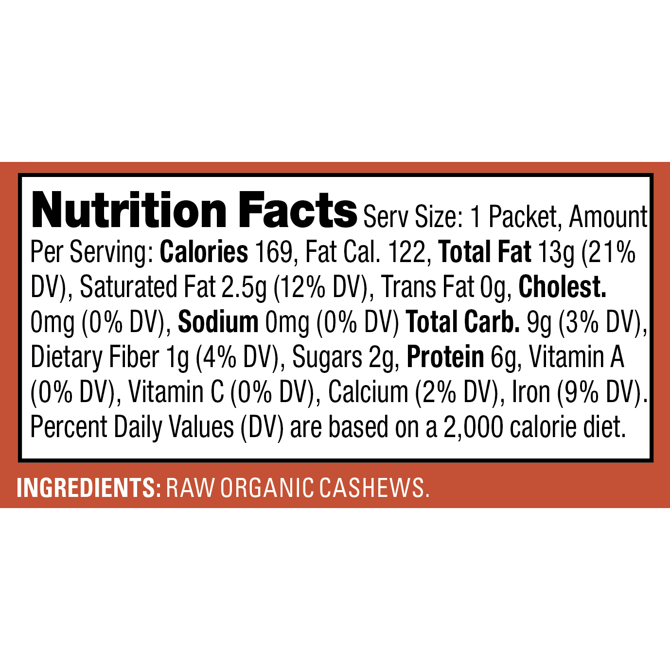 Nutrition facts panel for the Artisana Organic Cashew Butter Pouch